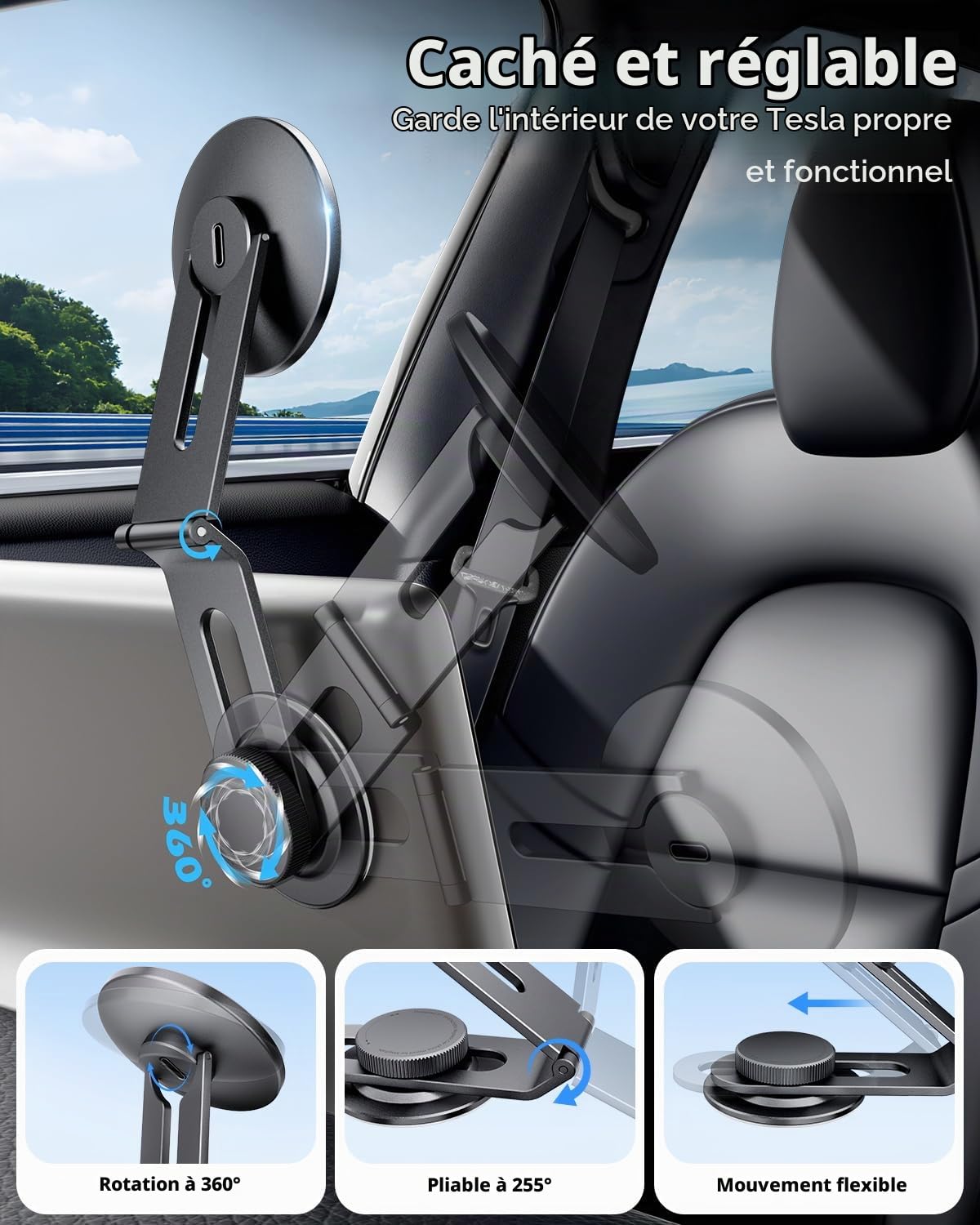 CloudValley Support Magnétique Téléphone Voiture 15W Charge Intégrée, Rotation 360°, Structure Pliable Extensible Dissimulée | Accessoires Compatible Tesla Model 3/Y/Juniper/Cybertruck