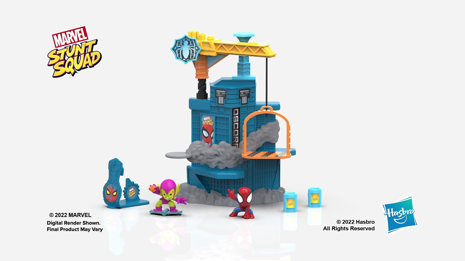 Marvel Hasbro Stunt Squad, Crane Smash, playset con Spider-Man e Green