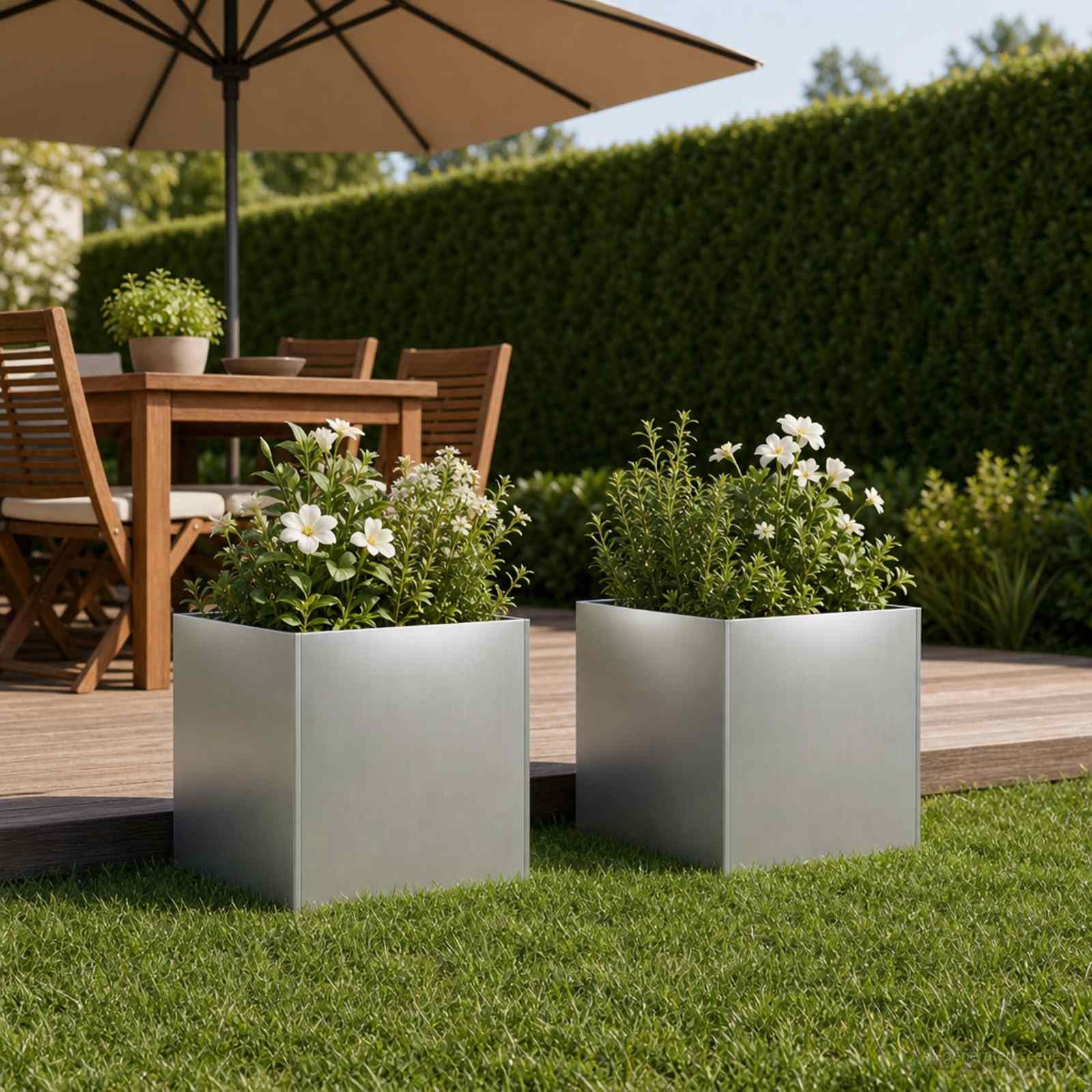 Fioriera in acciaio argentato, 45 x 45 cm, 2 pezzi | Resistente alle intemperie, effetto patina vintage, robusto, per giardino, balcone, terrazza, facile da montare