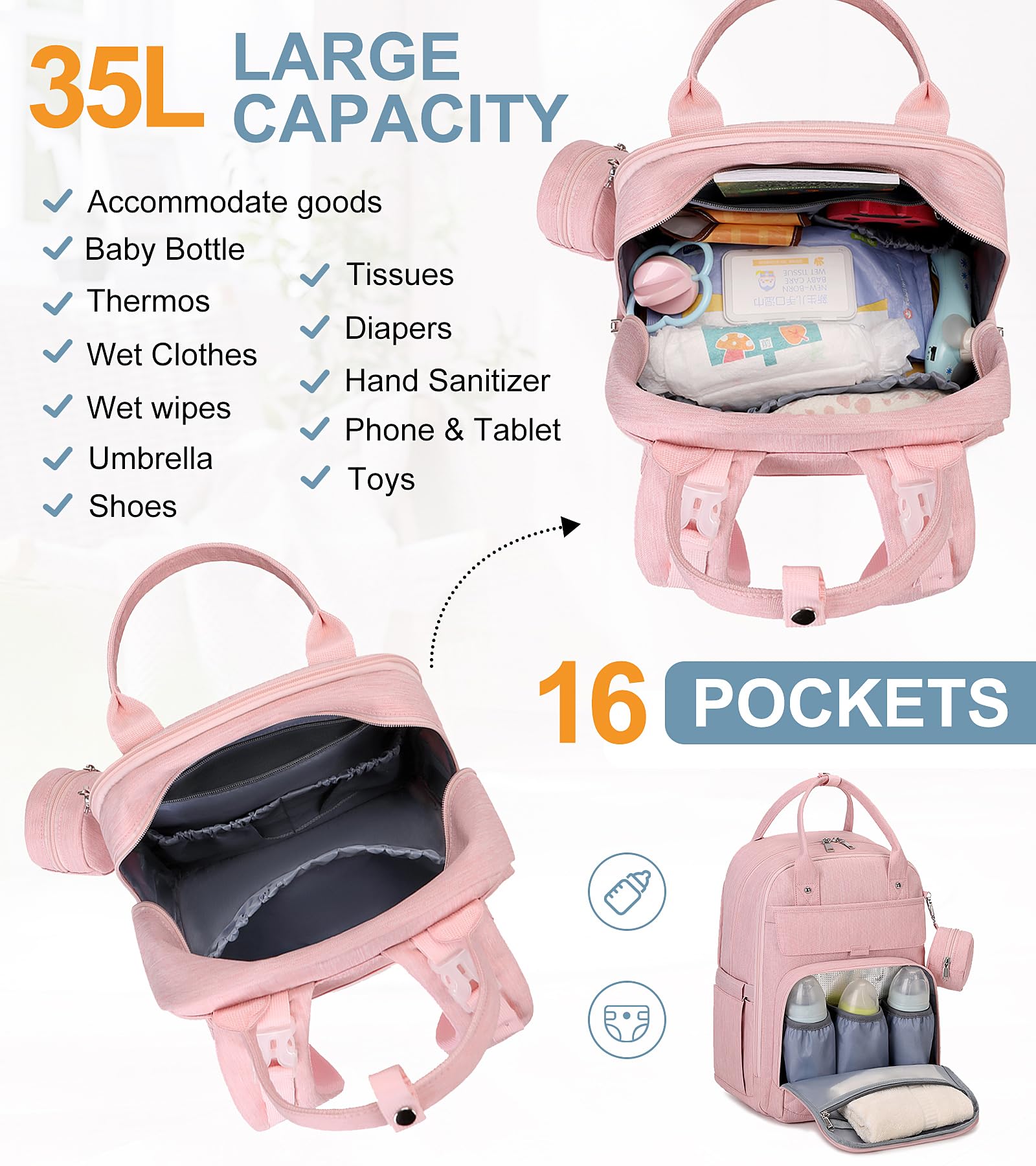 MOONBABY Wickeltasche Rucksack, Baby-Wickeltaschen mit tragbarer Wickelunterlage und Schnullertasche