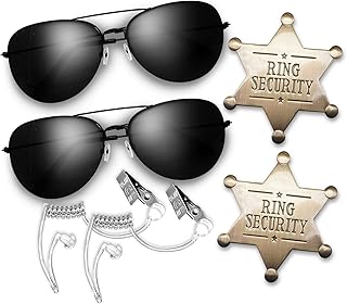 Ring Security Wedding Ring Bearer Gifts Secret Service Cosplay Set Police Spy FBI Toys Accessory, Include Acoustic Earpiece Tube Headsets, Ring Bearer Sunglasses, Ring Security Badges (2)