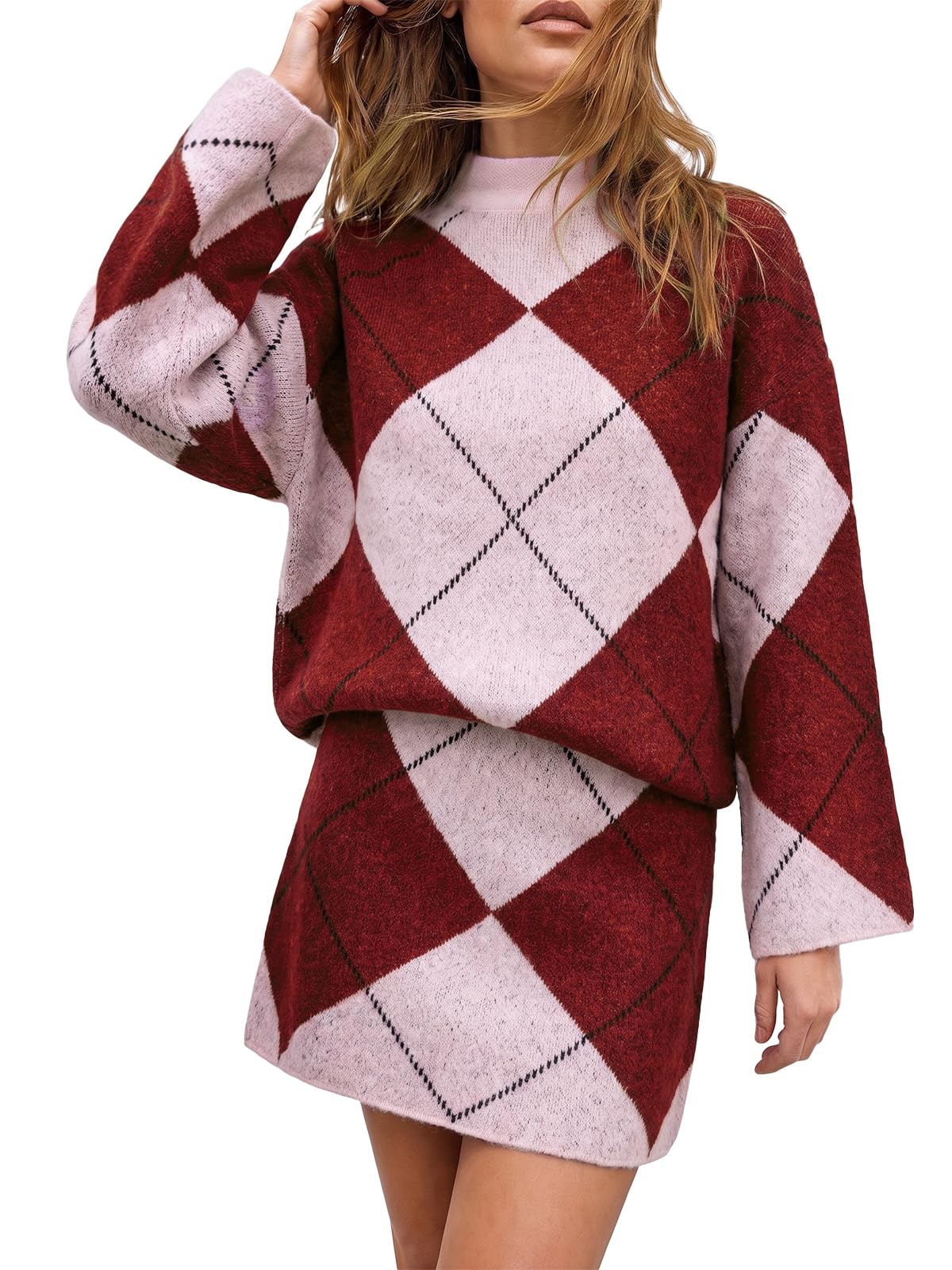 Cicy Bell Damen Mock Neck Argyle-Pullover 2-teiliges Outfit Minirock Sets