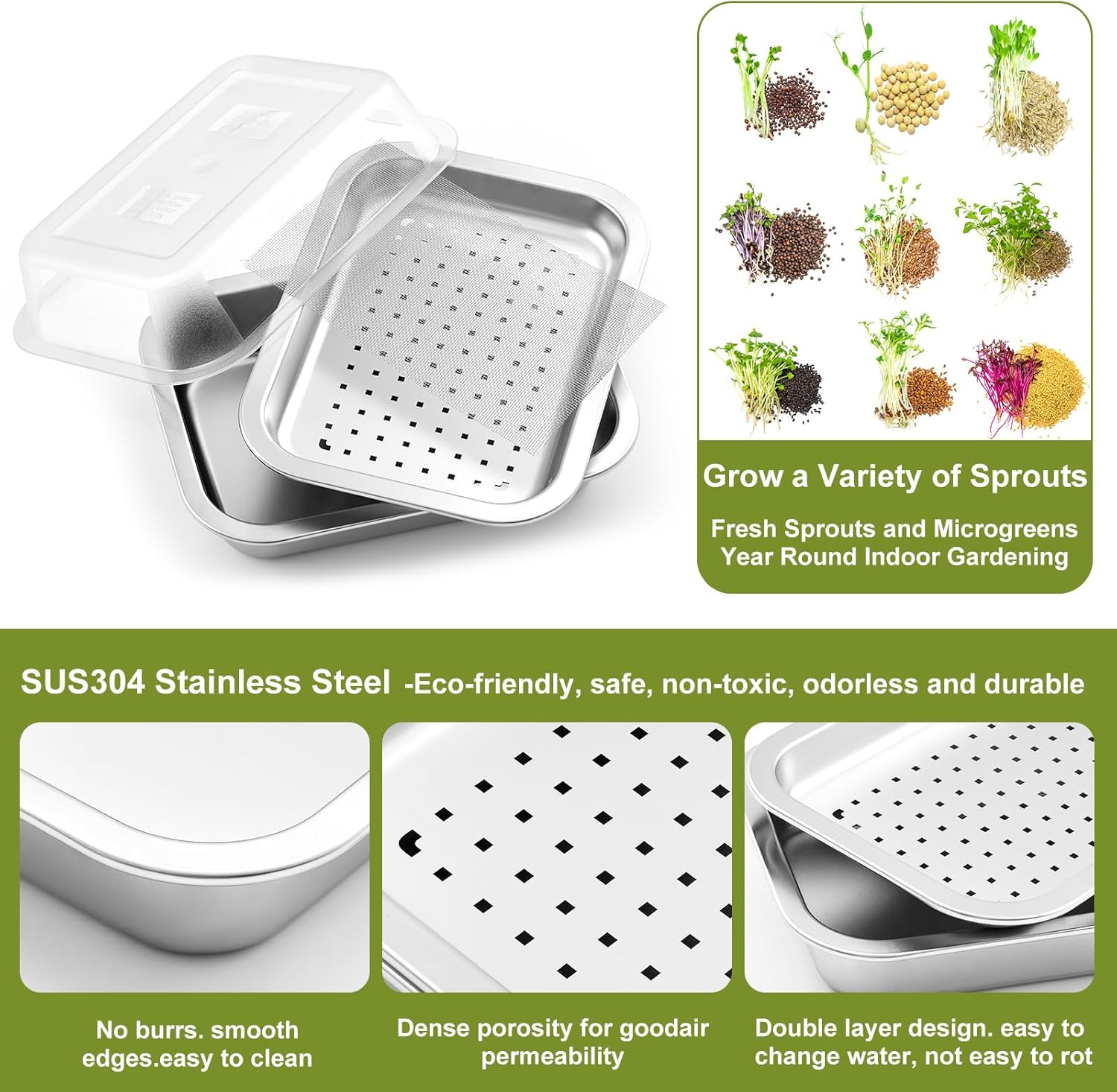 1 Pack Seed Sprouting Kit with Lid, 10.4 Inch Stainless Steel Soilless Culture Germination Tray, Microgreens Growing Kit, Encrypted Mesh Seed Starter Tray for Beans Alfalfa Broccoli Wheat Grass