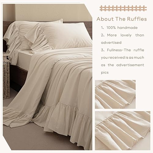 Miniatura 3 de QSH Juego de sábanas 100 % algodón tamaño Queen, con volantes, textura de lino con textura, estilo de granja, estilo desgastado, vintage, elegante,