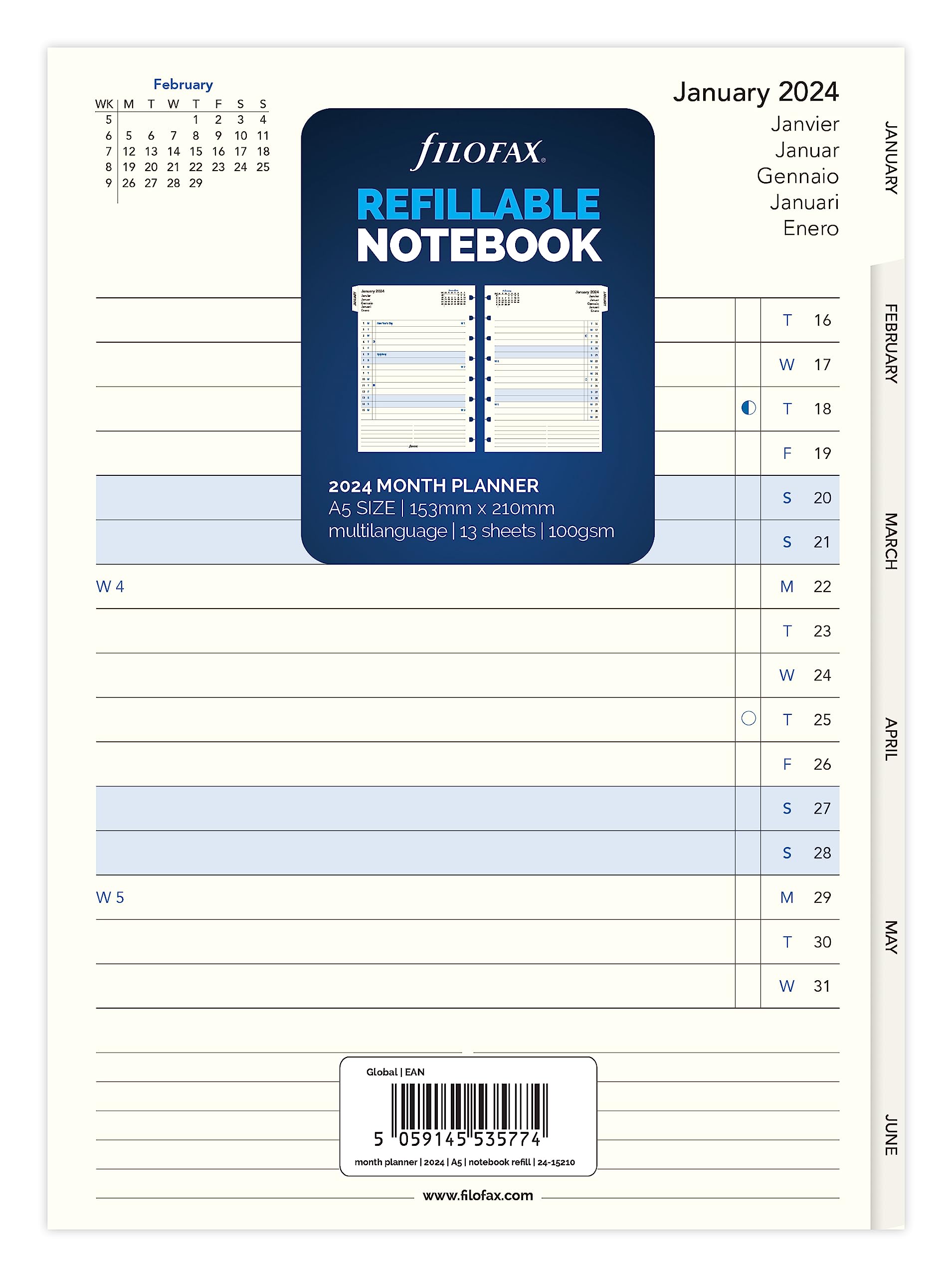 FILOFAX Calendar Insert A5 Notebook Month Planner 2024, 24-15210