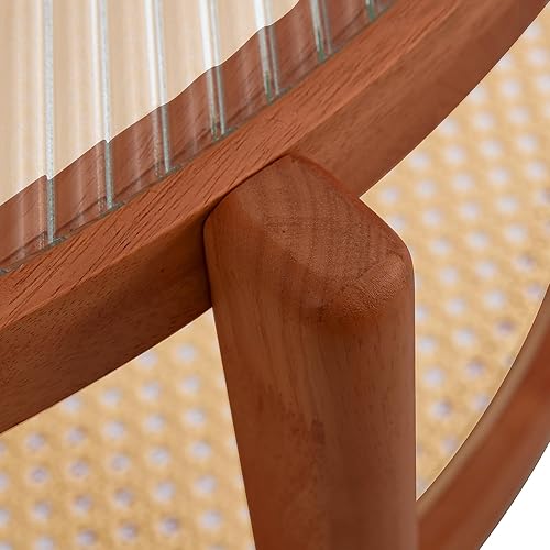 Miniatura 9 de SSLine Mesa de centro redonda de madera maciza con parte superior de vidrio artesanal, moderna mesa central de 2 niveles con estante de ratán, mesa