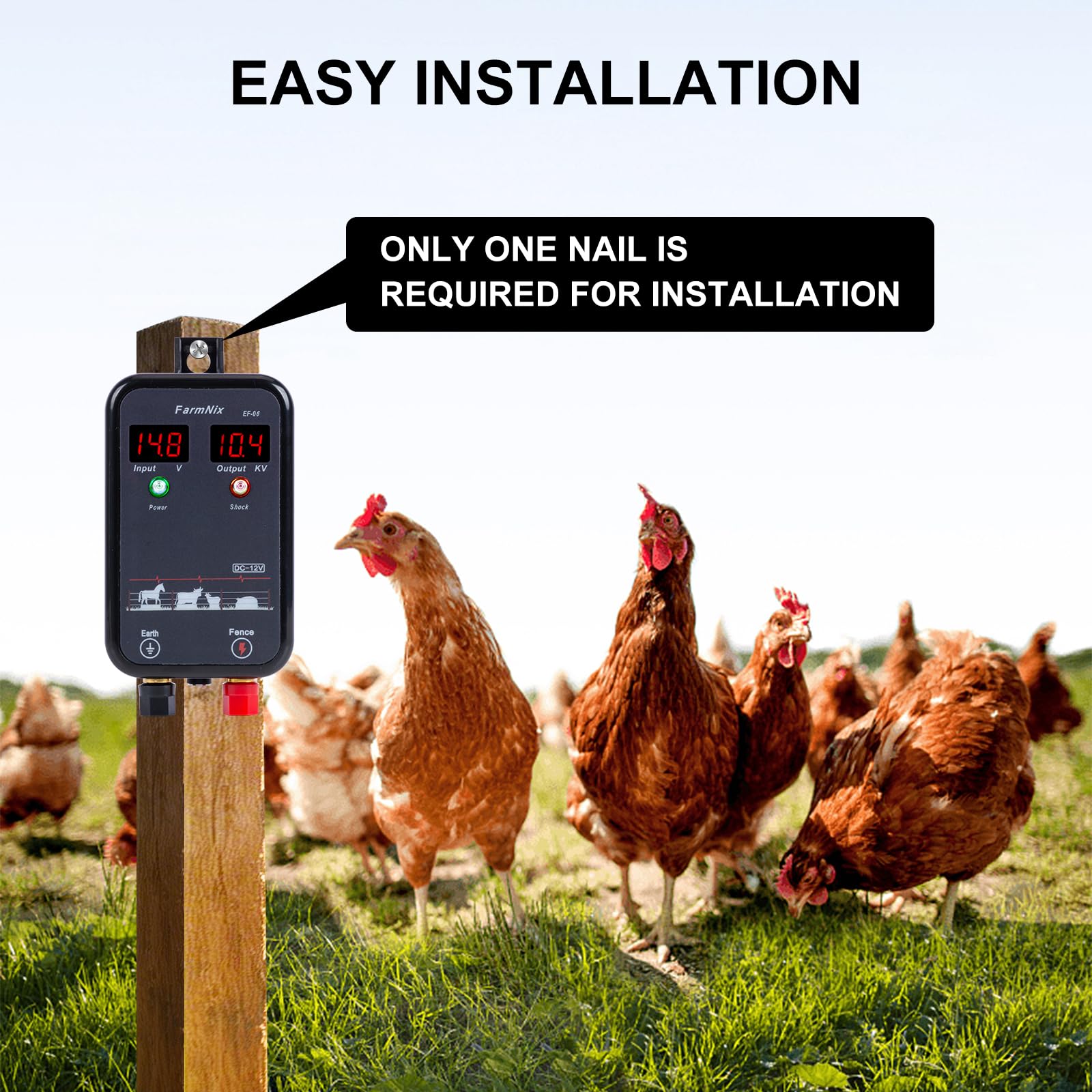8KM Pastor Electrico ,1.0 Joule 12V, Cerca Eléctrica Controlador LED digital, Para protección animales pequeños, aves de corral y mascotas, para jardines, granjas y pasto (Black)