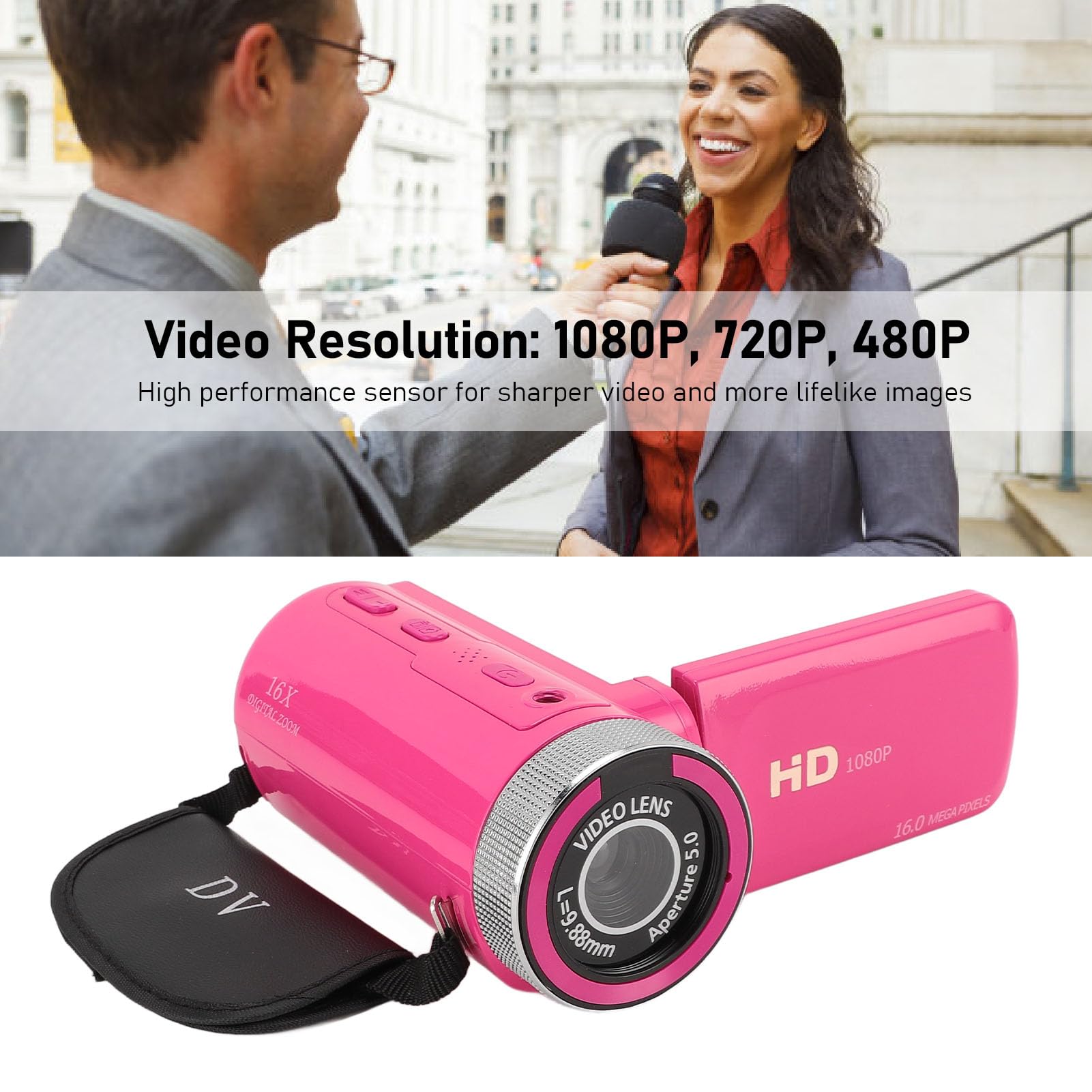 Kamera Wideo, Cyfrowy Aparat do Nagrywania Ekranu, Full HD 1080P 15FPS 16MP 2,4 Cala, Obrót o 270 Stopni LCD, 16-krotny Zoom Cyfrowy Kamera z Mikrofonem i Akumulatorem 1020 MAh