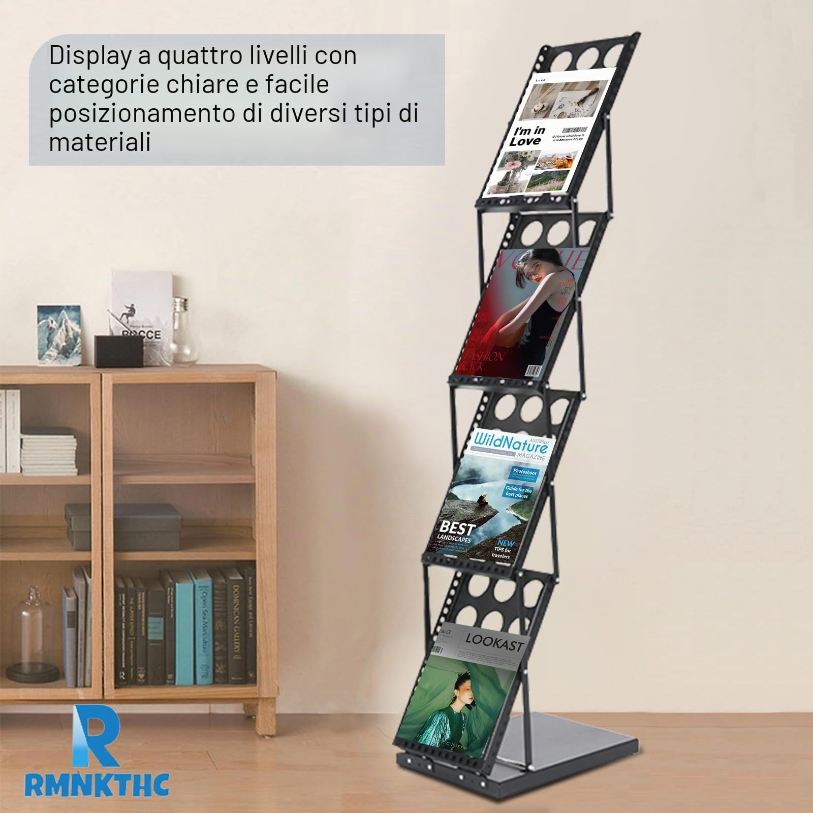 Supporto per catalogo pieghevole a 4 ripiani con custodia Oxford, compatibile con A4, in ferro, per opuscoli, opuscoli, riviste (nero)
