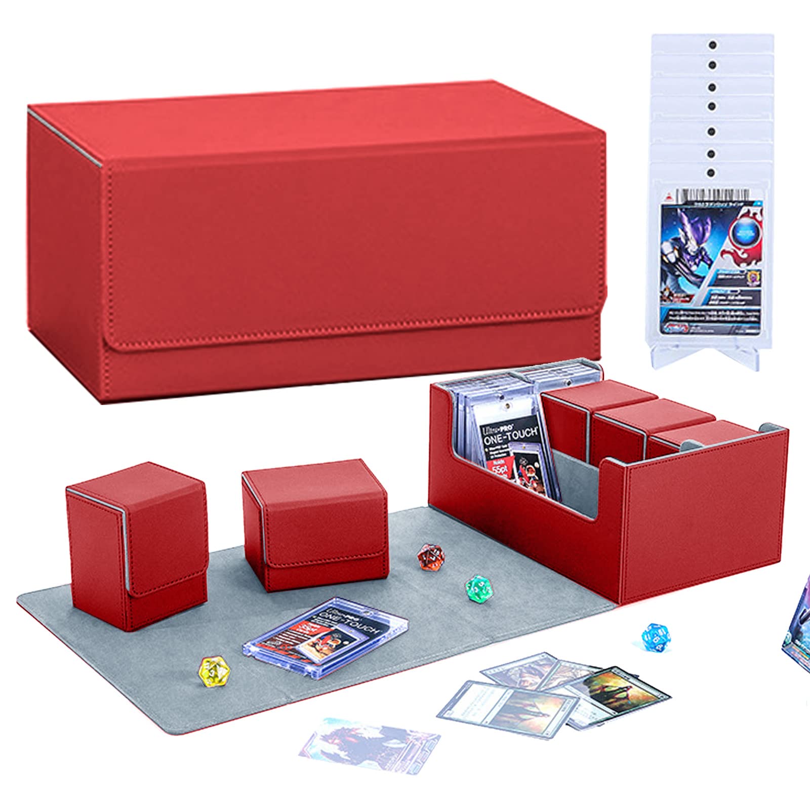 Premium 2-Row Trading Card Storage Box, chiusura magnetica Trading Card Deck Storage Box, 600 + Card Deck Case per Trading Cards, Sport Cards (rosso grigio)