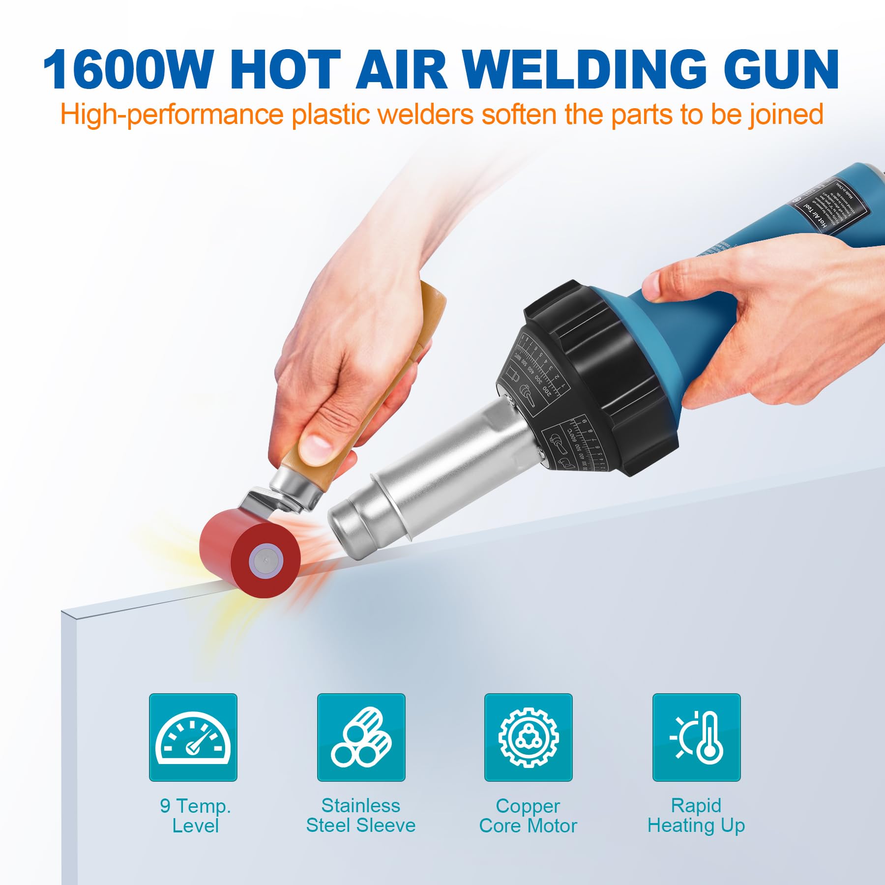 Pistola ad aria calda 1600W 220V in plastica con ugelli e aste PE/PVC, con 2 accessori