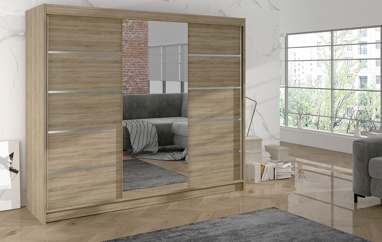 ML Furniture Astra Szafa z drzwiami przesuwnymi, czarno-biała, 200 cm, lustrzana, szafa do sypialni, z drążkiem na ubrania, zestaw mebli do sypialni, 200 x 215 x 58 cm