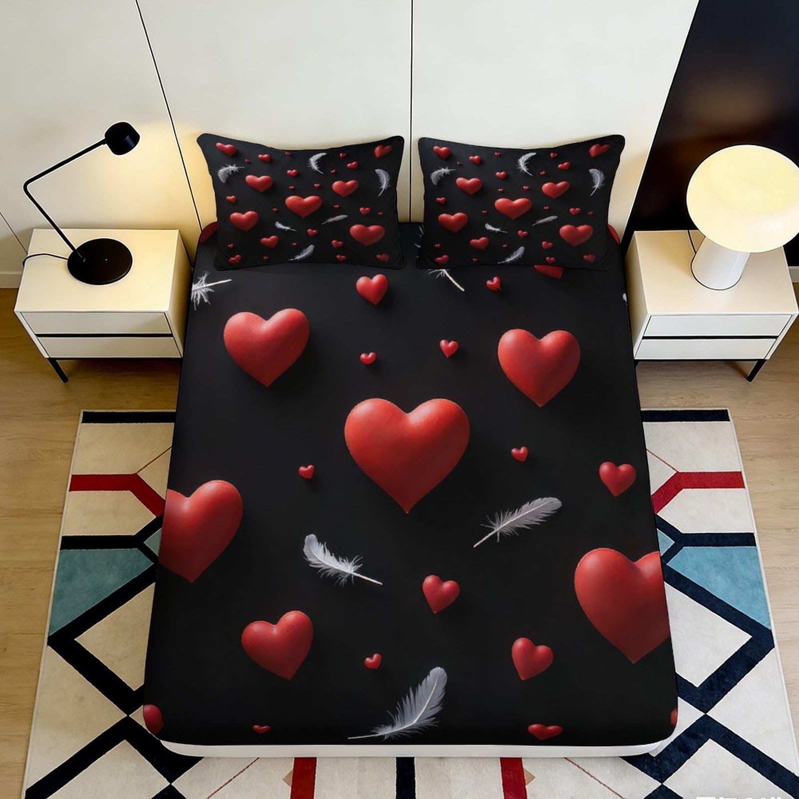 3D Printed Heart Feather Fitted Sheet Microfiber Deep Pocket Bedroom Bedding Non-Slip Heart Mattress Fitted Cover Washable 200x200x25cm