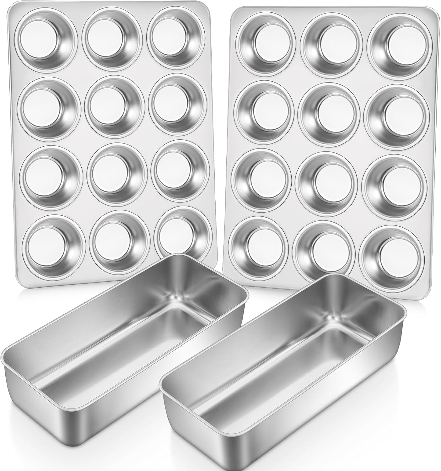 P&P CHEF 2 Pcs 12-Cup Muffin Pans and 2 Pcs 12 x 5 Inch Loaf Pans, Stainless Steel Bread Loaf Pan Tins and Muffin Tin Tray for Baking