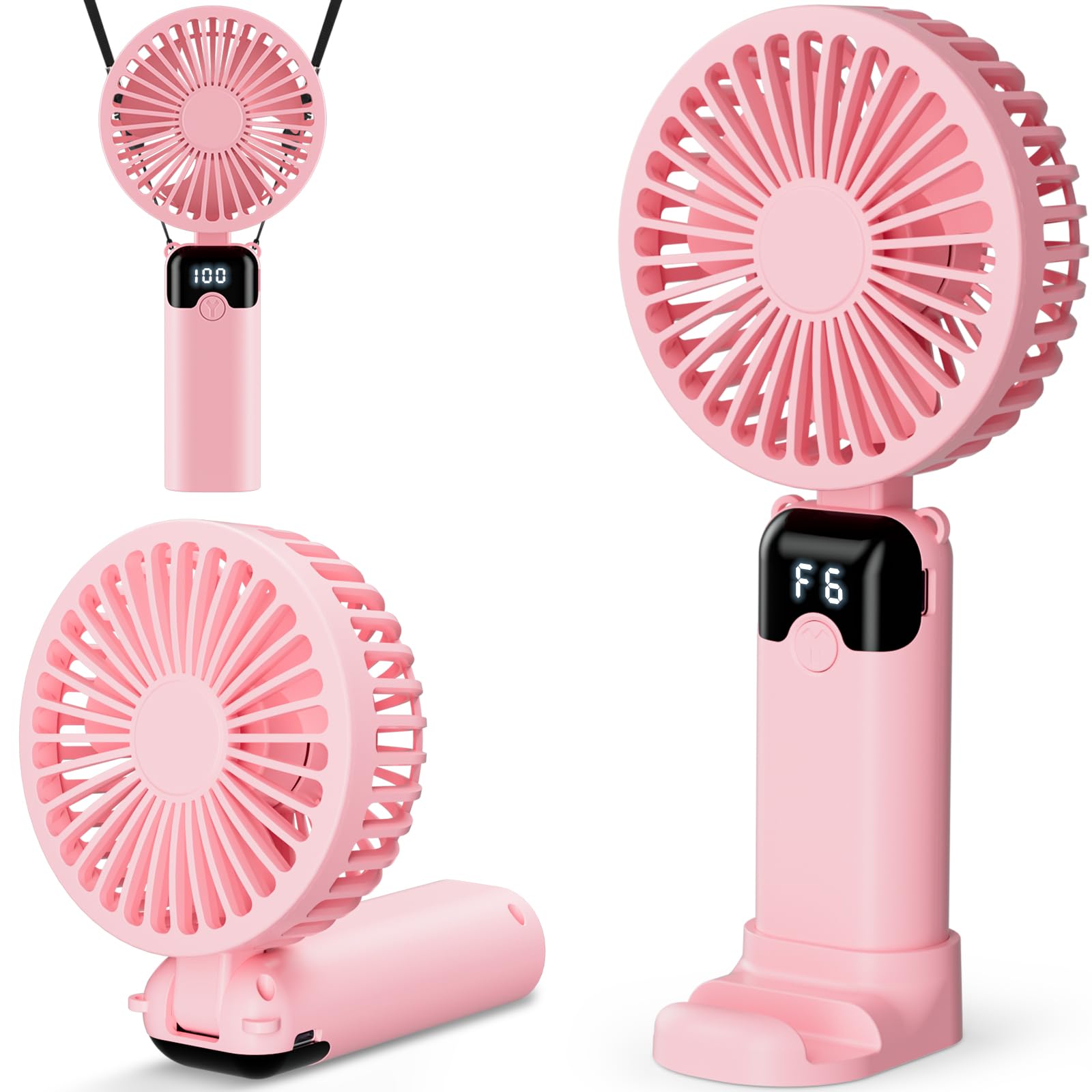 Handheld Fan, USB Rechargeable Portable Mini Hand Held Fan with 6 Speeds 4000mAh Battery Operated, Foldable Desk Small Fans with LED Display for Home Office Travel Outdoor Use, Summer Gift (Pink)