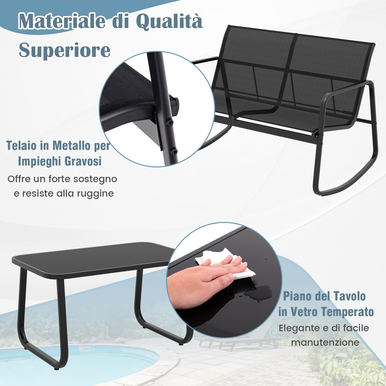 COSTWAY Set da Giardino 4 Pezzi in Tessuto Textilene, Set da Bistrò da Patio, Set tavolo e sedie con Tavolino in Vetro, 2 Sedie e Divanetto a Dondolo, per Giardino Coltile (Nero)