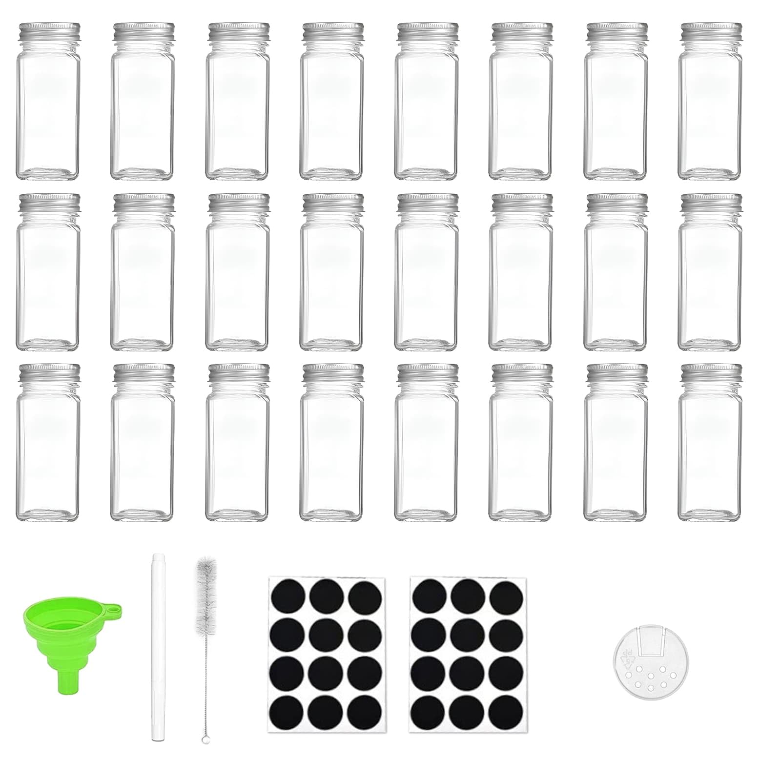 Glass Spice Jars with Lids 24pcs, 120ml Square Glass Spice Jars with Labels, Cleaning Brushes, Label Pens, Funnels, Kitchen Spice Containers Cabinet Drawer Bottles Storage Bottles