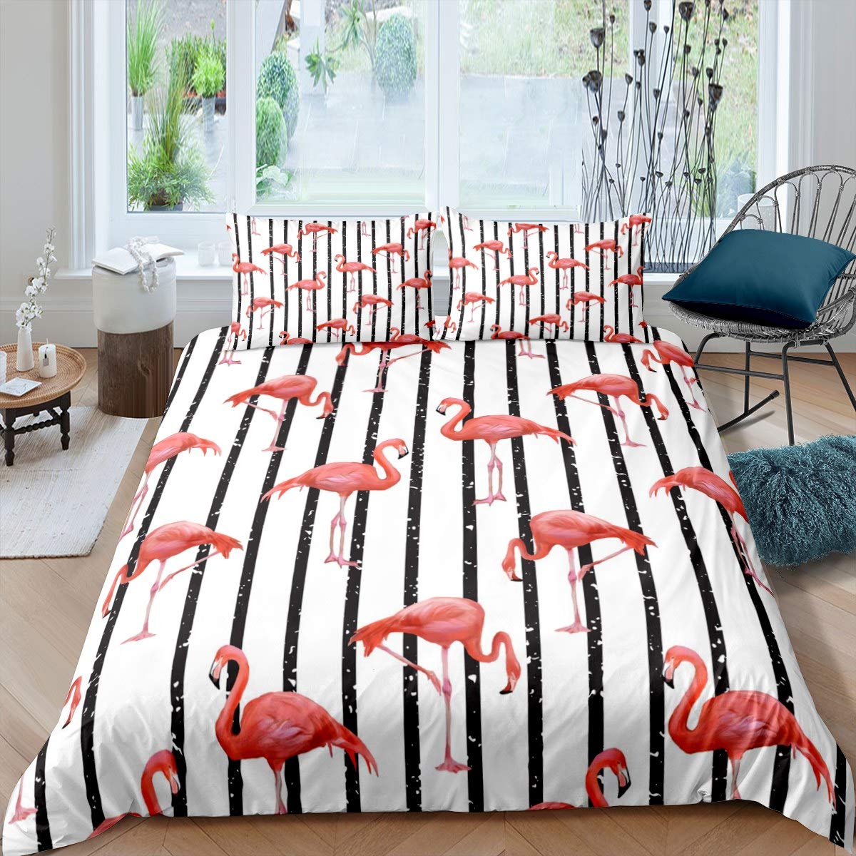 Loussiesd Girls Flamingo Comforter Cover Tropical Flamingo Pattern Bedding Set for Kids Children Girly Pink Animal Duvet Cover Black White Stripe Design Room Decor Double Size Quilt Cover 3Pcs