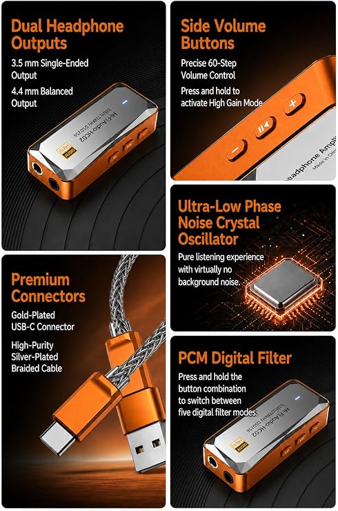 USB C DAC Headphone Amplifier, CS43198 HiFi Dongle with 3.5mm & 4.4mm Output, Portable Amp, DSD256 32Bit/768kHz for IEM, Wired Earphones, Laptops and PCs