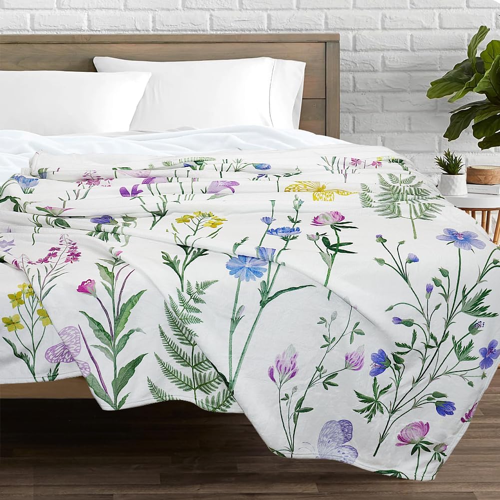Wildflowers Throw Blanket Botanical Floral Throw Blanket Colorful Butterfly Printed Blanket Flowers Decorative Soft Warm Cozy Flannel Throw Blankets for Bedding Sofa 50"x60" - Image 5