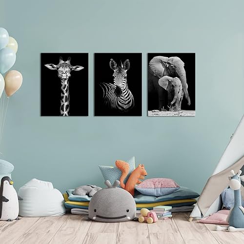 Miniatura 2 de Visual Art Decor Lienzo de vida silvestre africana en blanco y negro, arte de pared con diseño de animal cebra, jirafa, elefante, retrato, póster