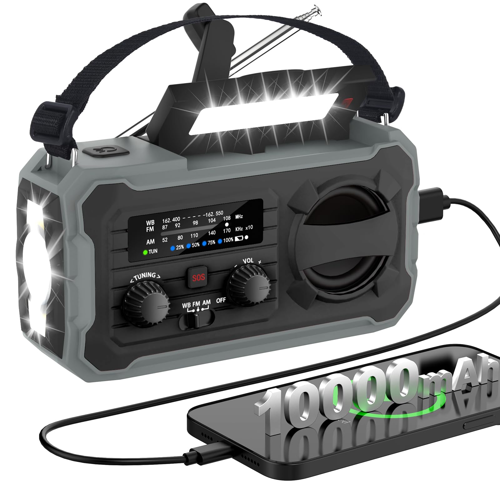 FIVAVA Radio de manivela, radio solar portátil con AM/FM, banco de energía de 10000 mAh, radio de emergencia con alarma SOS, linterna LED, generador de manivela y puerto USB para camping, ourdoor