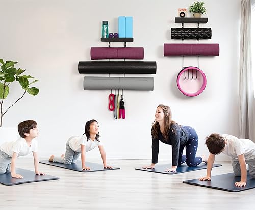 Miniatura 2 de Bikoney Soporte para esterilla de yoga de montaje en pared, accesorios de gimnasio en casa con estantes flotantes de madera y 4 ganchos para colgar