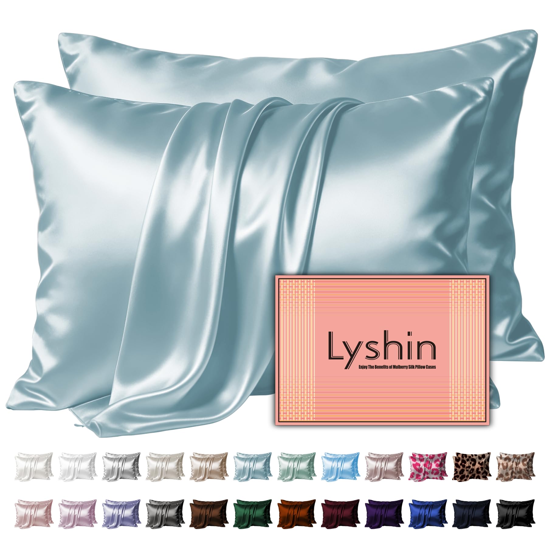 LYSHIN Silk Pillow Cases 2 Pack King Size with Zipper, Haze Blue