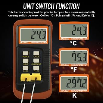K Type Thermocouple Thermometer (-50~1300C), Dual Channels Digital Thermometer with 2 Temperature Clamp 2 Wired Thermocouple Probes, High Accuracy Temperature Kelvin Scale Meter Tester