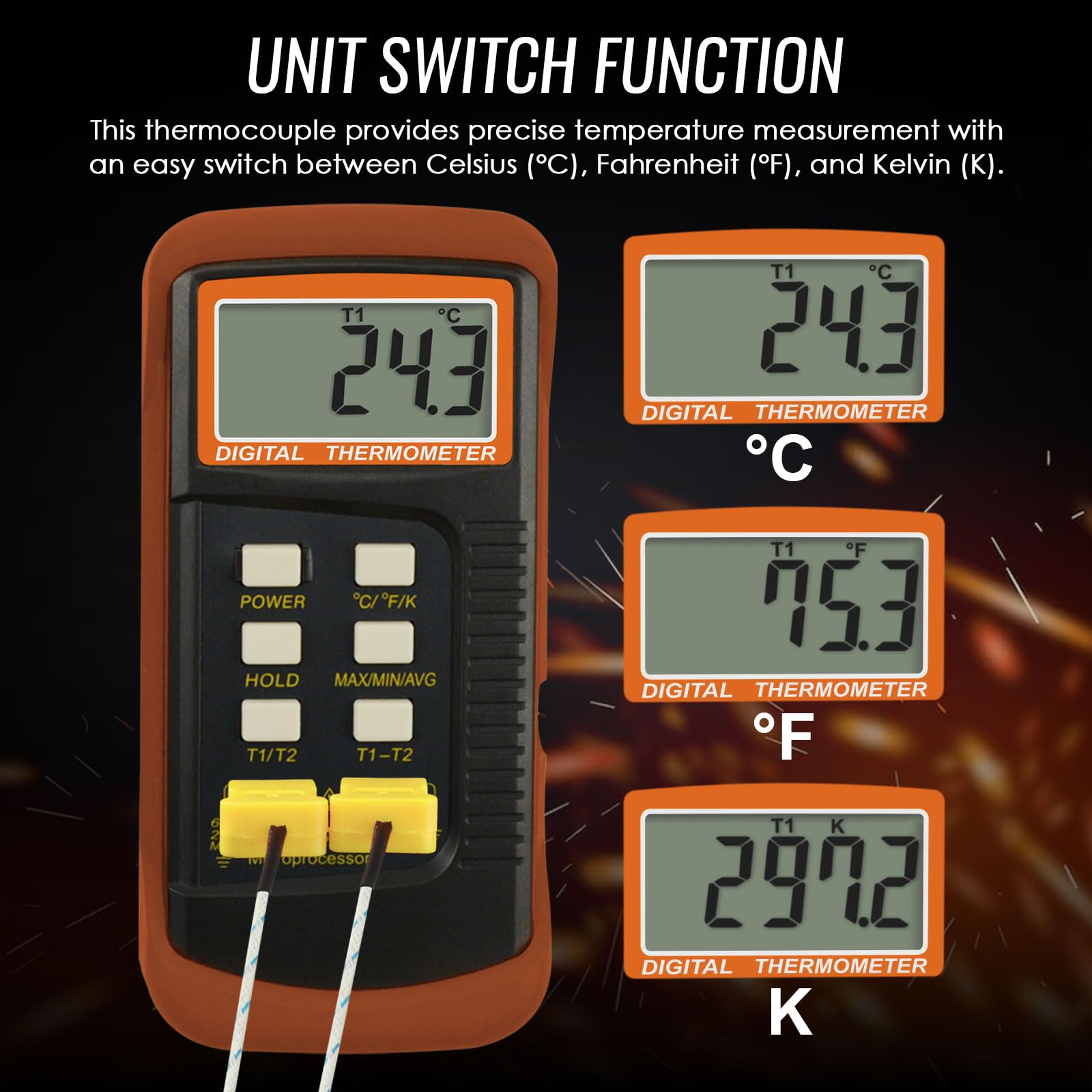 Termómetro digital de dos canales K (-50~1300 °C) Pinzas de temperatura y sondas cableadas, medidor de alta precisión Kelvin