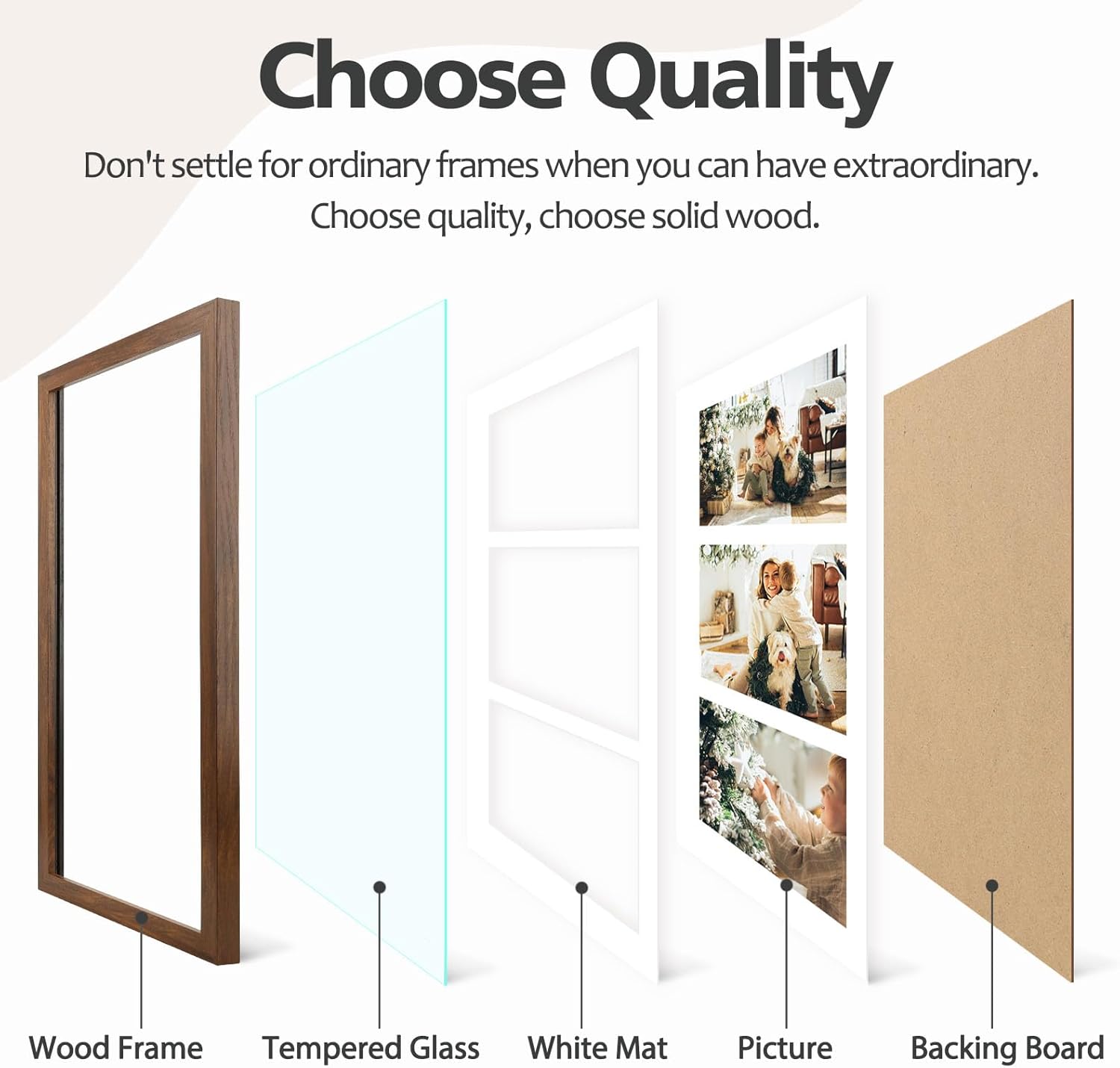 Golden State Art Three 5x7 Collage Picture Frame - Solid Wood with Tempered Glass - Multi Picture Frame Display Three 5x7 Photos with Mat - or One 9x18 Frame Without Mat for Wall Decor, Brown - Image 3