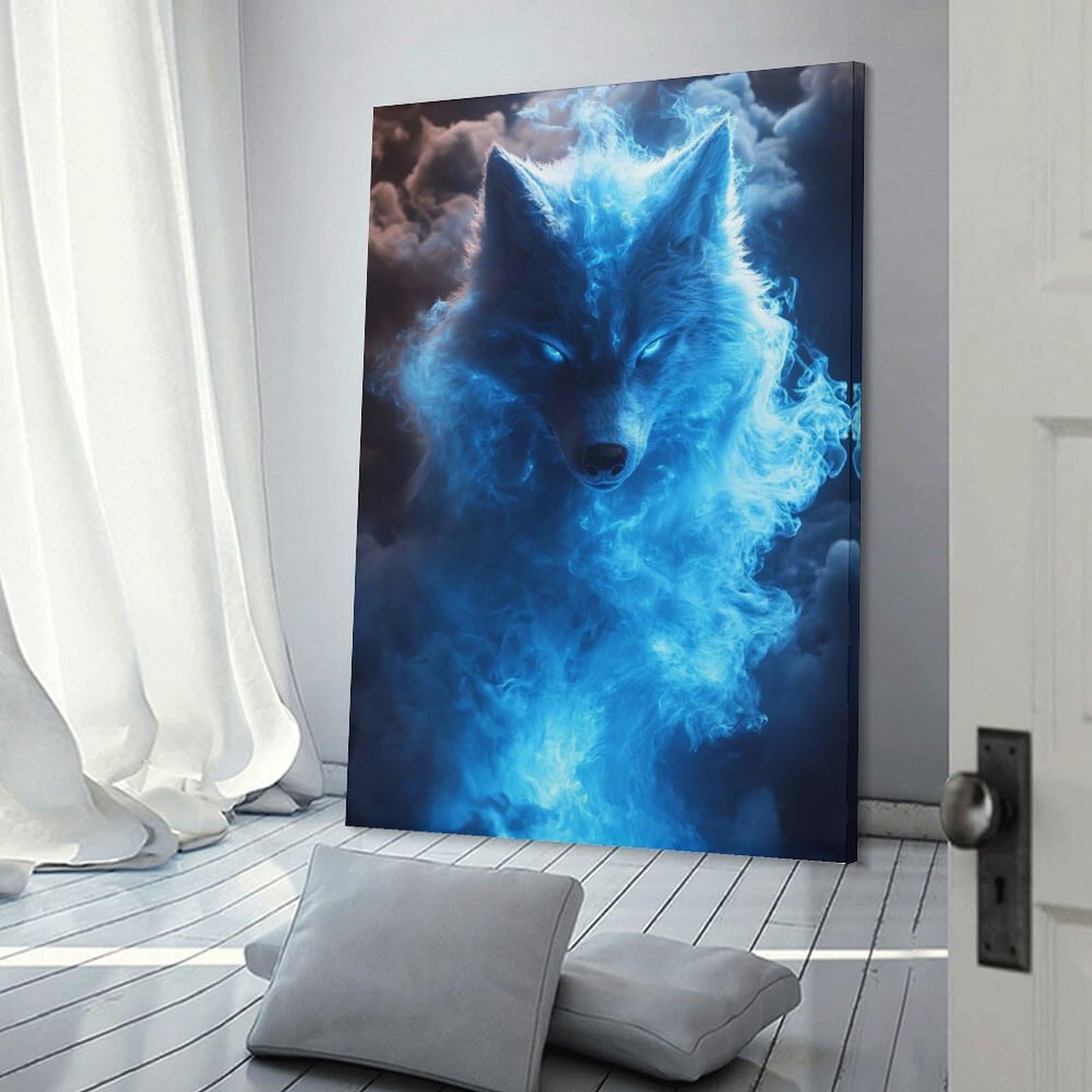 Junmoney Decorative Canvas Print Blue Fire Wolf, 08x12inch(20x30cm), for New Homes, Bedrooms Or Workspaces, Thoughtful Wall Decor for Art Lovers