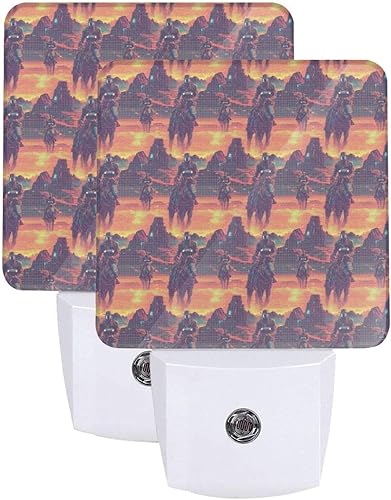 Led Night Lights Plug Into Wall 2 Pack - 0.3w Cyber Retro Western Cowboy Print Nightlights Plug in Wall with Light Sensors Auto-OnOff, Night Lamp