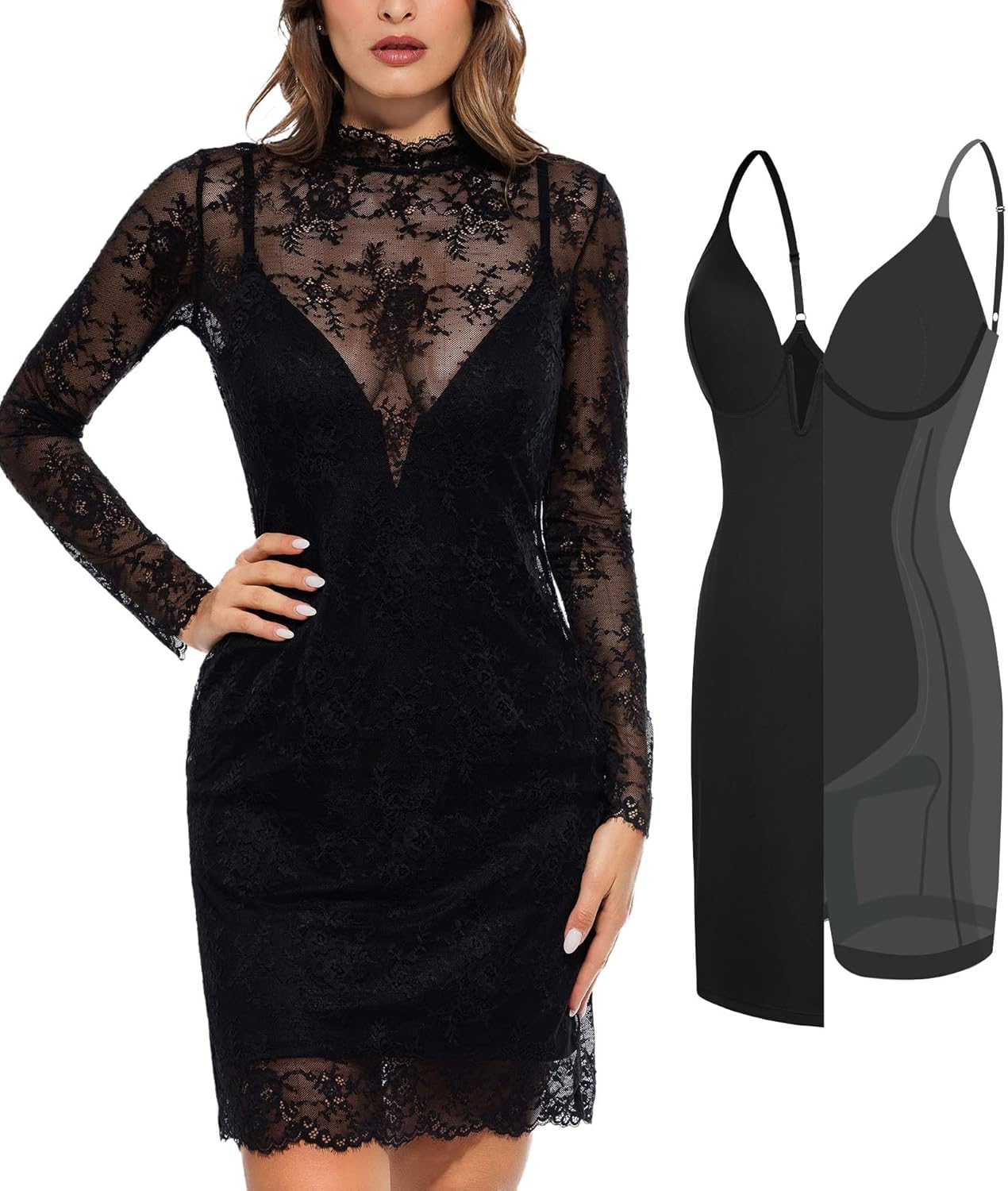 Popilush Lace Long Sleeve Dress - Shapewear Formal Mother of Bride Dresses Sheer Mesh Wedding Guest Mini Dress for Women