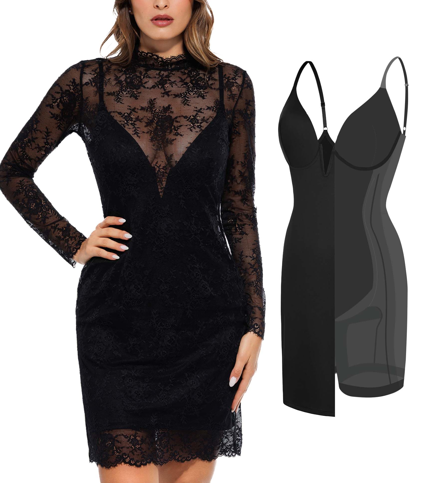 Popilush Lace Long Sleeve Dress - Shapewear Formal Mother of Bride Dresses Sheer Mesh Wedding Guest Mini Dress