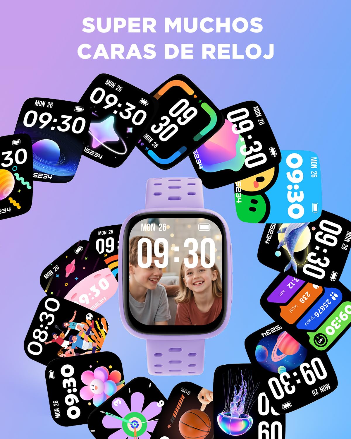BIGGERFIVE Reloj Inteligente Niños Niñas, 1,8" Amoled Pulsera Actividad | Podómetro, Frecuencia Cardíaca, Resistente al Agua 30m, Monitor de Sueño, Despertador, Juegos con/sin App, Lila