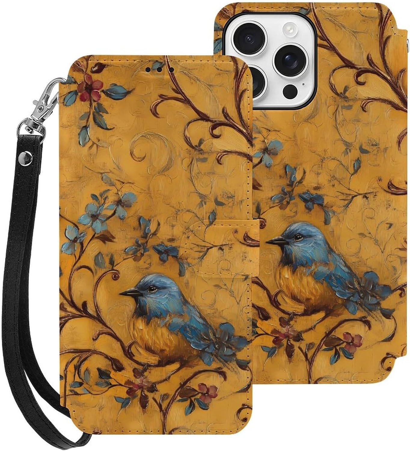 Blue Bird Perched On Branches Compatible with iPhone 16/16 Plus/16 Pro/16 Pro Max/16 E Case Phone Wallet Card Holder Flip Cover with Wrist Strap