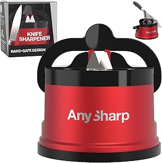 Pro – Hands Free Knife Sharpener - Easy to Use Sharpening Tool with PowerGrip Suction Base and 20-Degree Pre-Set Angle - for All Knives: Chef's, Serrated, and Hardened Steel - Matte Red