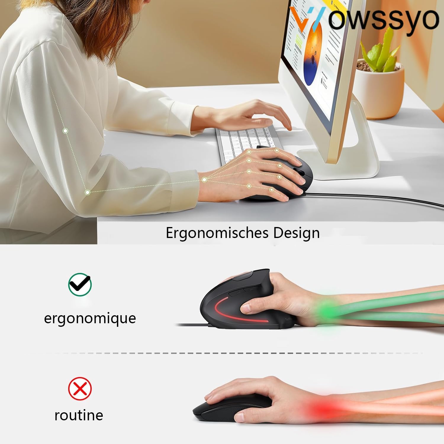 Ergonomiczna Pionowa Mysz Przewodowa, Zapobiega Zespołowi Dłoni Myszkowe/Łokieć Tenisisty (RSI), 1200/1800/2400/3600 DPI, LED, 1,8 m Przewodowa, Mysz Praworęczna dla PC, Laptopa i Maca