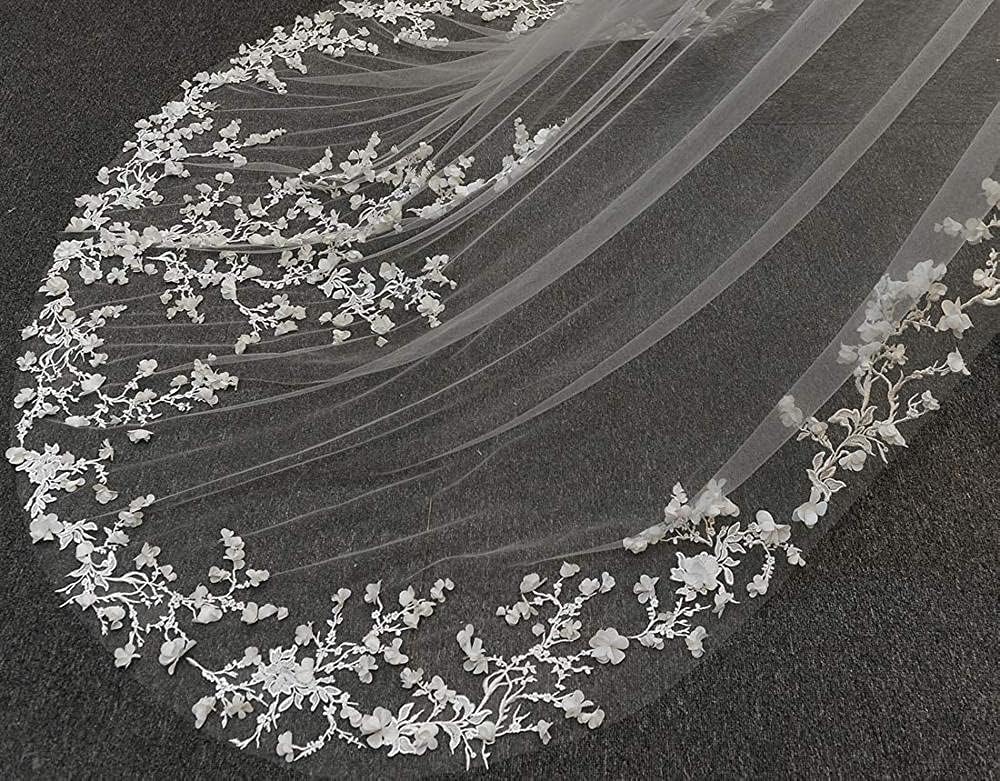 Bruidssluier 3D Bloemen Bruids Tule Bloemen Bruiloftssluier 1 Laag Lange Sluiers Kanten Rand Bloemblaadjes Met Kam Bruidssluier Tule