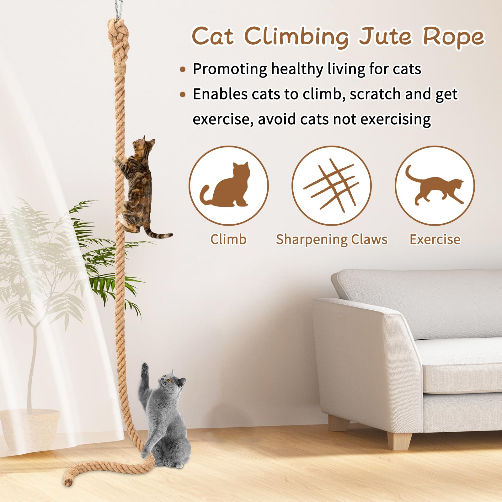 Cuerda de escalada para gatos de 2 pulgadas x 9.84 pies con gancho, cuerda de yute natural para montar en techo y pared, cuerdas de sisal duraderas para gatos en interiores y exteriores que juegan