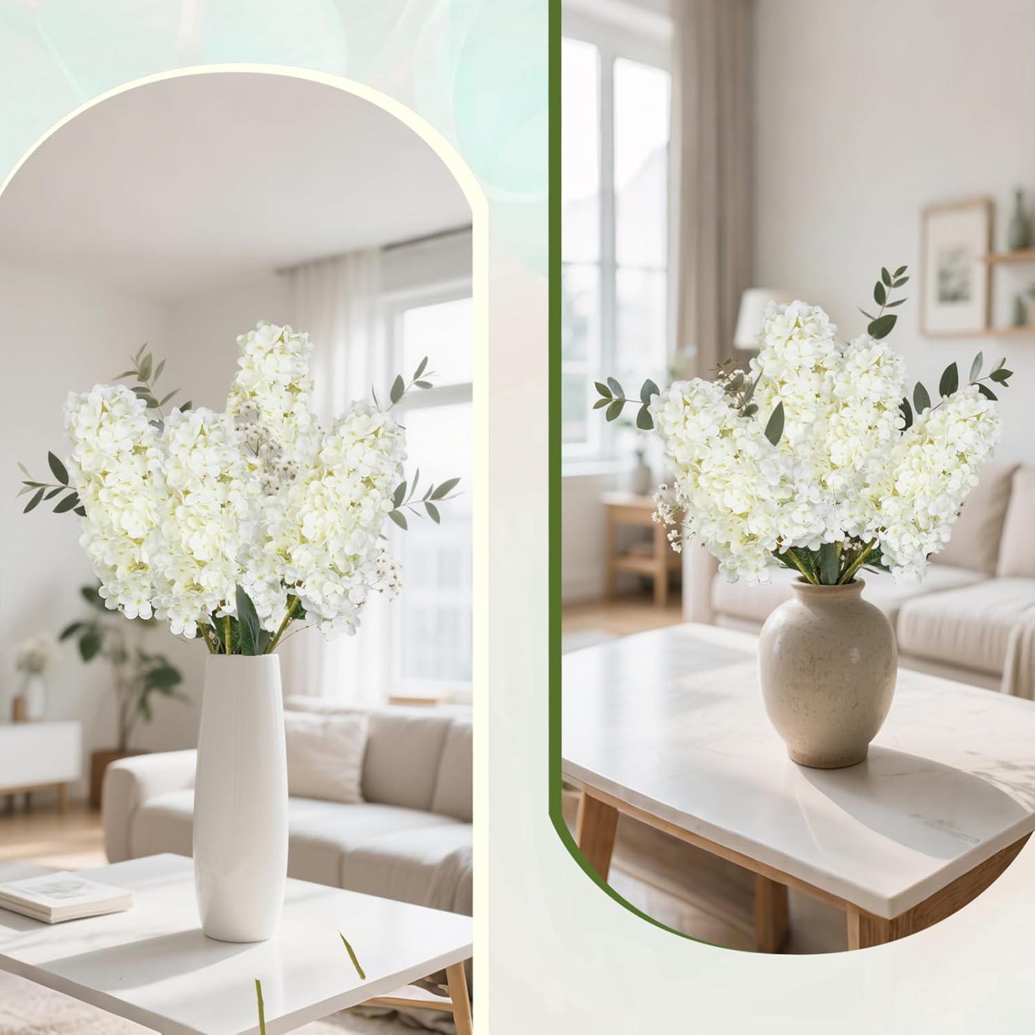 4pcs White Hydrangea Artificial Flower, 33.5" Long Stem Real Touch Conical Fake Hydrangea Silk Flowers, for High Vase Flower Arrangements Decoration, Family Farmhouse, Hotel Decor (White)