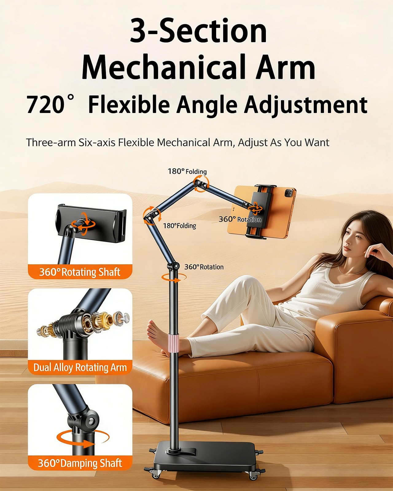 Soporte de Piso para Tableta, Soporte para Tablet con Brazo Ajustable de 720° con Patines con Freno de Pie de 360°, Chasis Reforzado, Soporte para Teléfono con Brazo Mecánico de 3 Secciones para Table