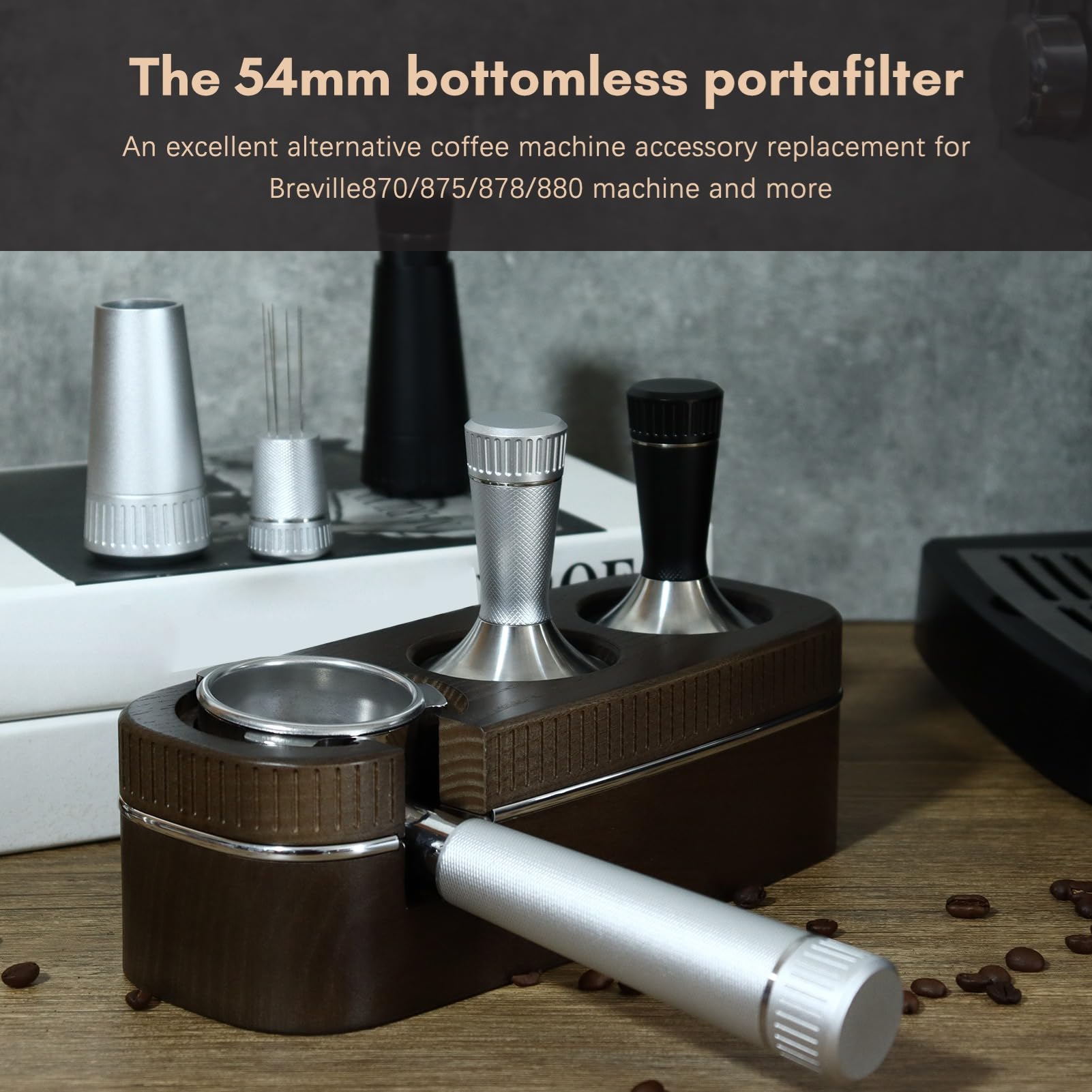 Kavolet Portacoladores sin suelo de 54 mm, portafiltros de café con 3 orejas sin fondo con mango de aleación y cabeza de acero inoxidable, compatible con cafetera Breville870/875/878/880