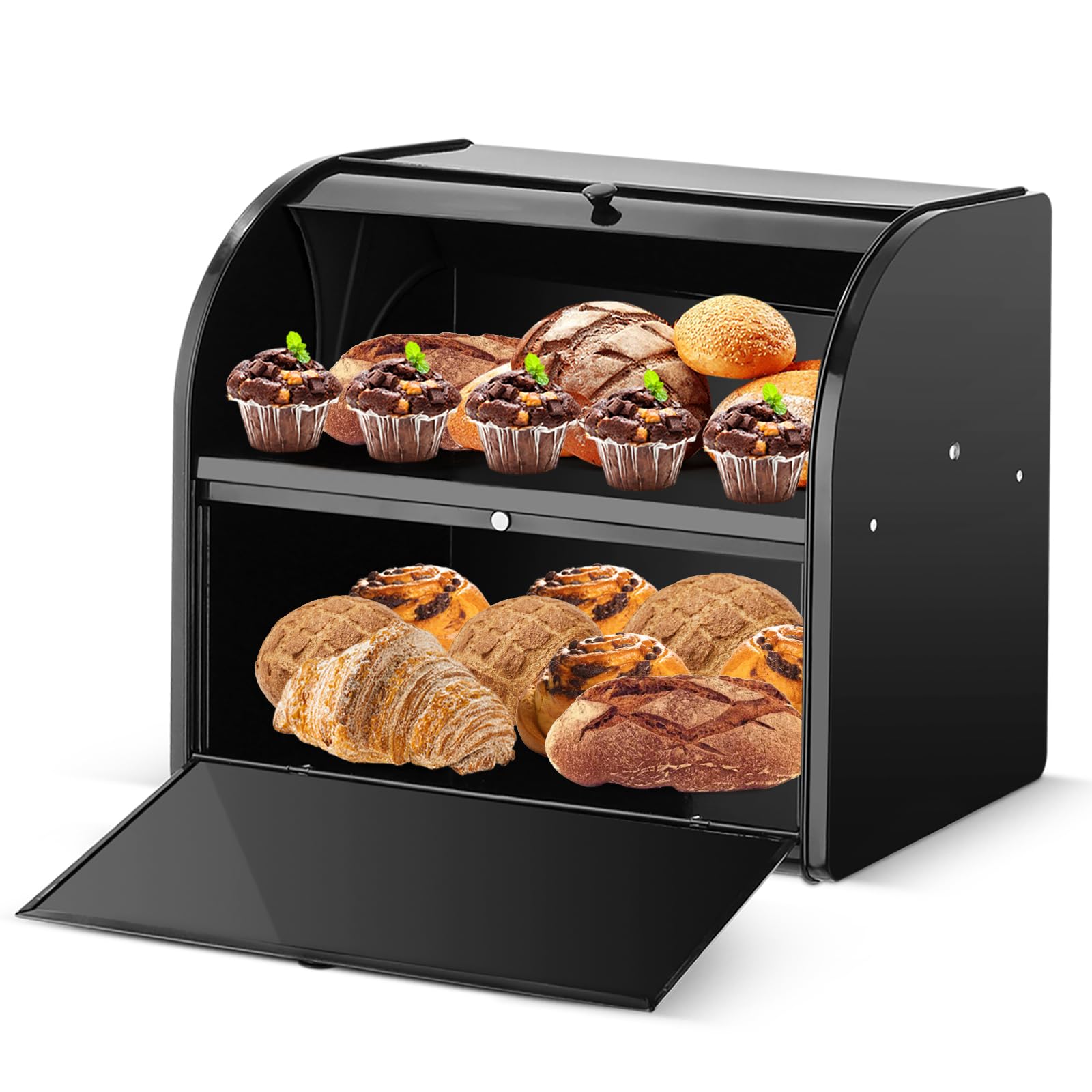 Esilihom Extra-large Bread Bin, Bread Bins for Kitchen, 2-Layer | Large | Roll Top | 40 x 24.5 x 32.5cm, Black