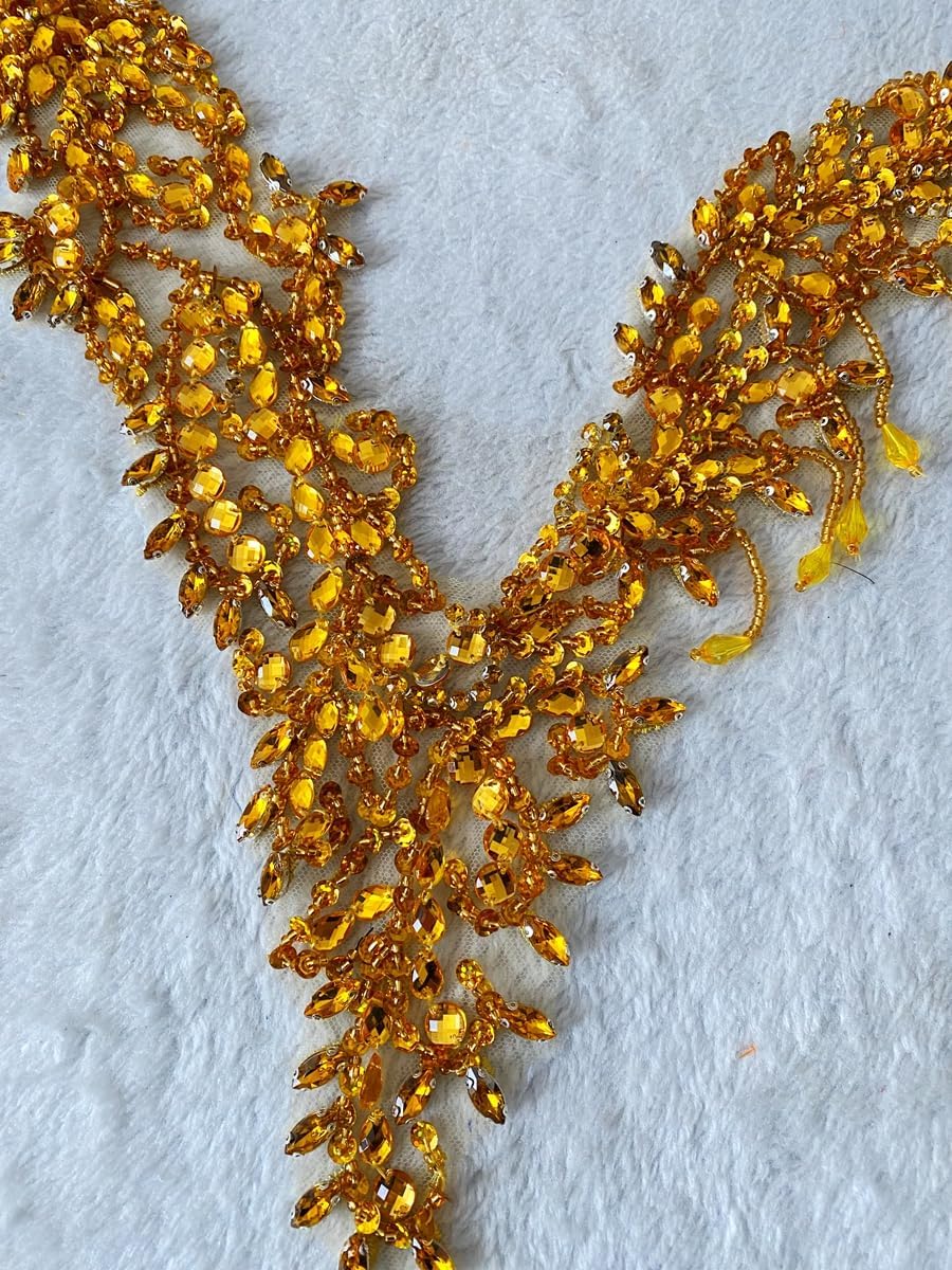 Unique Design handsewing Beads Applique sew on Rhinestones Crystal Sequins Tassel Patches Trimming for One-Shoulder Dress Shining Decoration Accessories 20X9.4 inches (Gold)