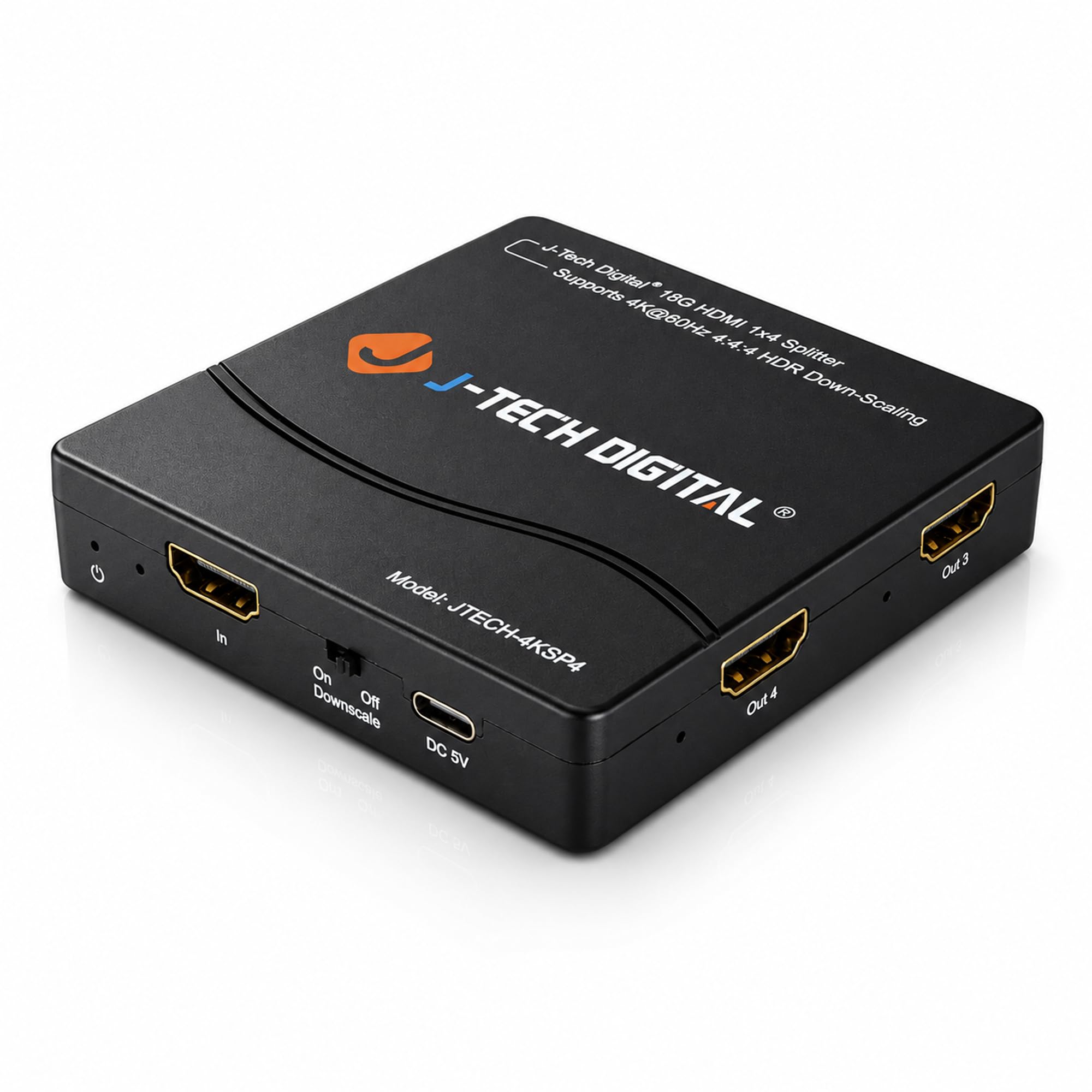 J-Tech Digital HDMI Splitter JTECH-4KSP4, a compact device for distributing one HDMI source to four displays.