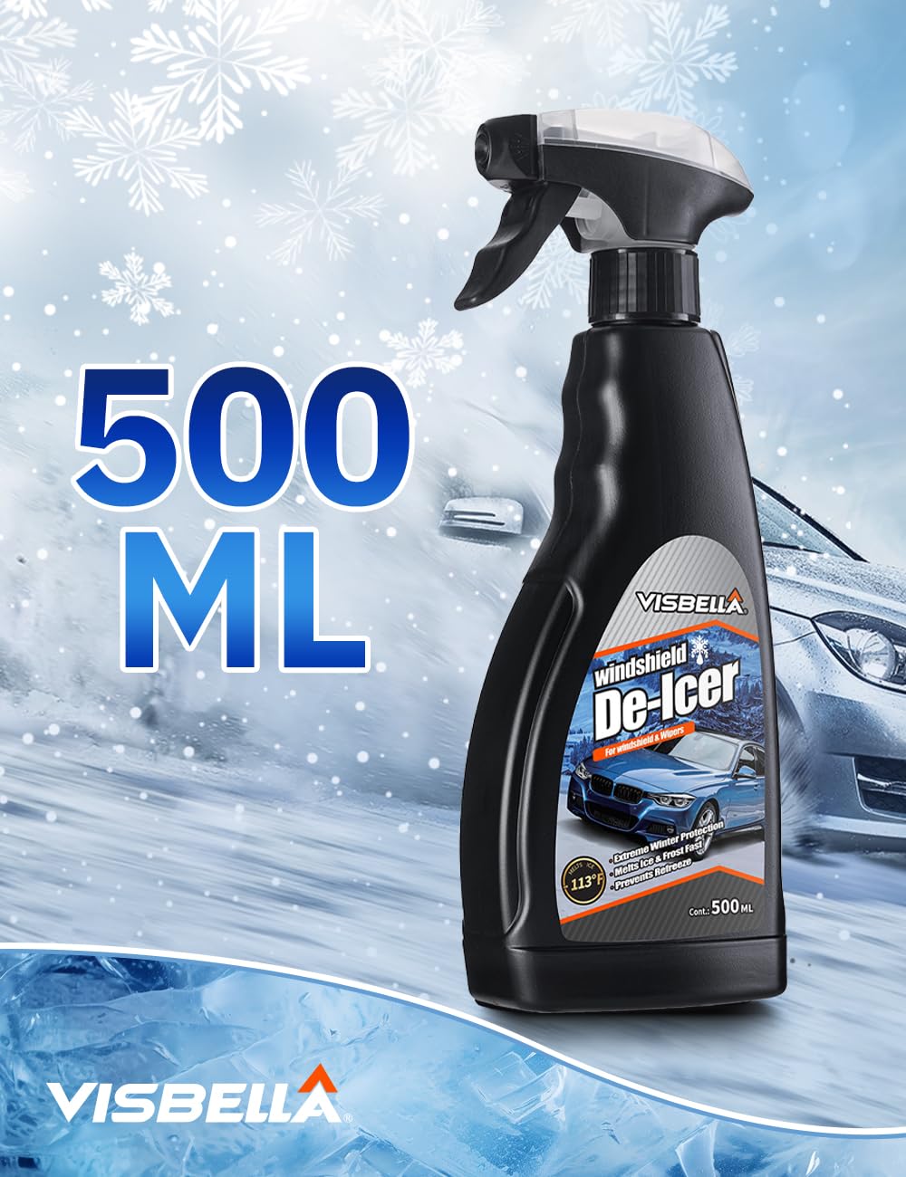 Visbella Odmrażacz do przedniej szyby i wycieraczek, ekstremalna ochrona przed zimą, szybko topi lód i mróz, zapobiega ponownemu zamarzaniu (-45℃, 500 ml)