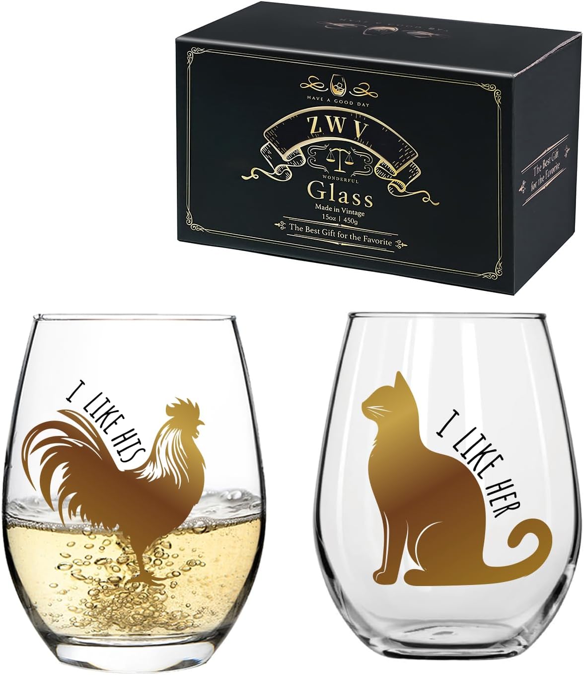I Like His & Her Couples Wine Glasses - Chicken & Cat Enthusiasts Gifts for Women & Men - His & Hers Gift Idea for Anniversary, Wedding, Bridal Shower
