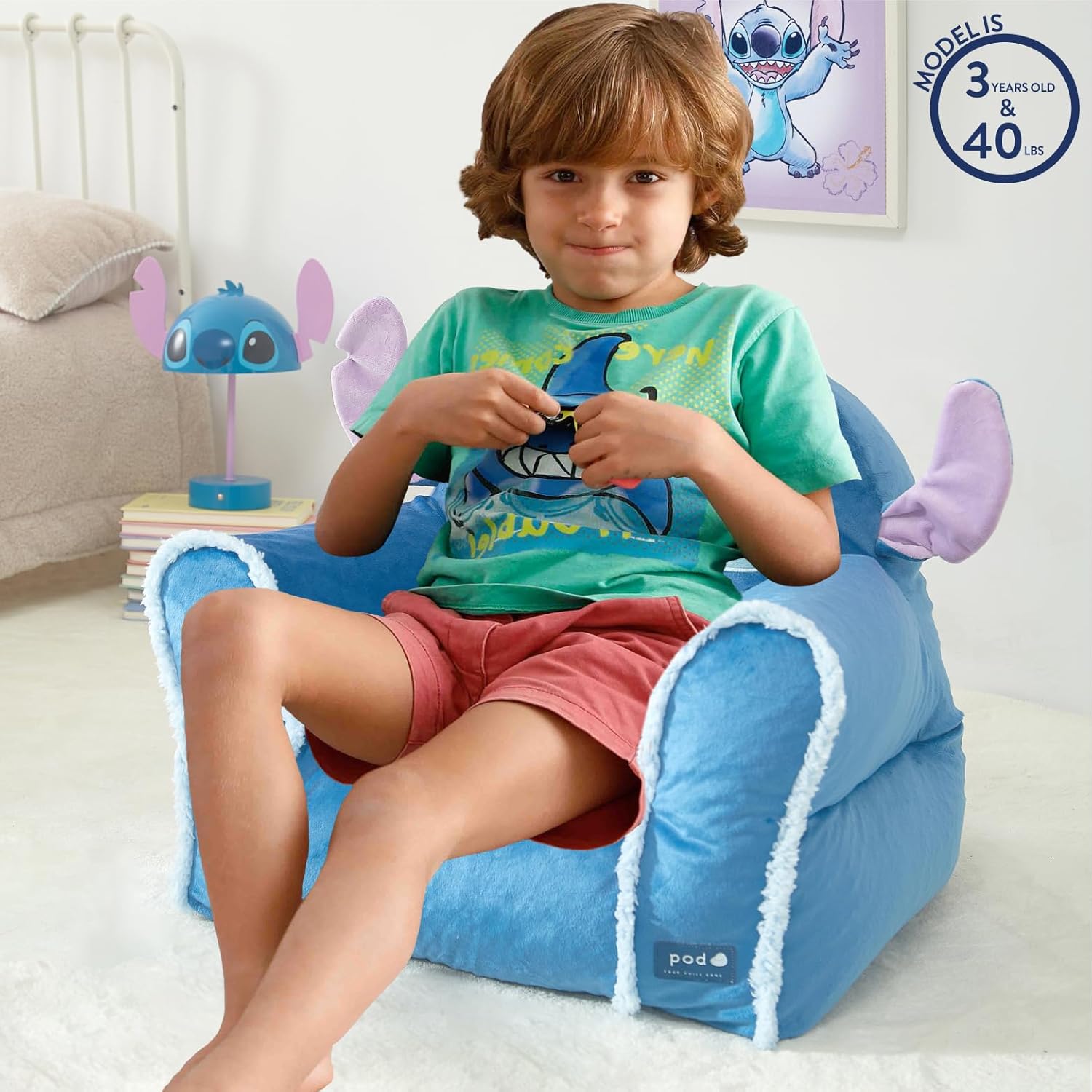 Disney Stitch Figural Bean Bag Sofa Chair with Armrests, Soft & Comfortable Kids Lounge Chair for Bedroom & Playroom, Ages 3+
